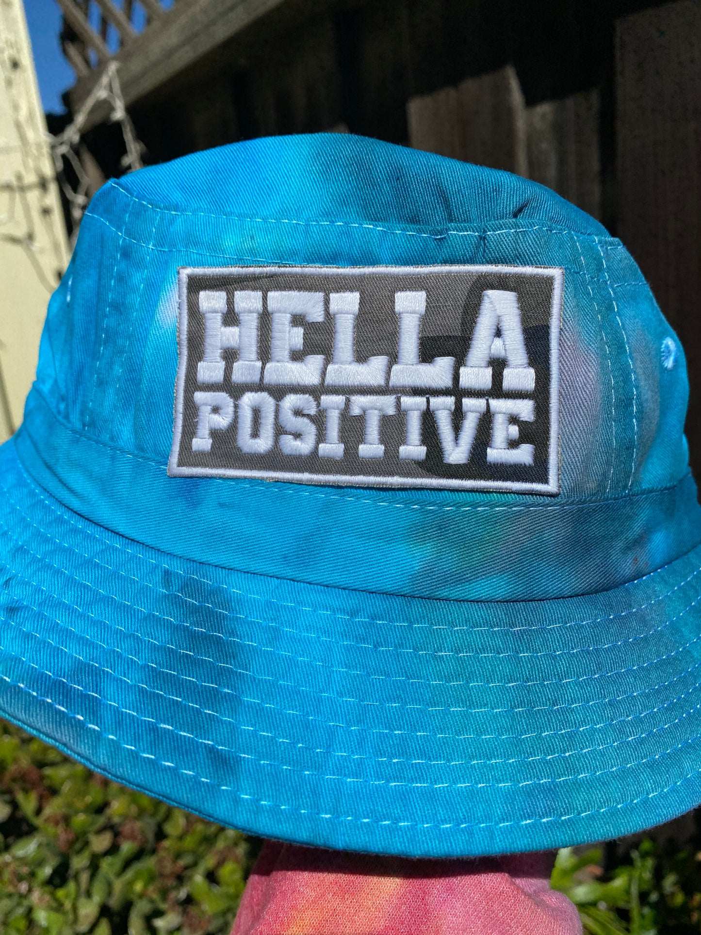 Hella Positive Tie Dye Bucket Hat with Glow in the Dark Camo print patch - Medium