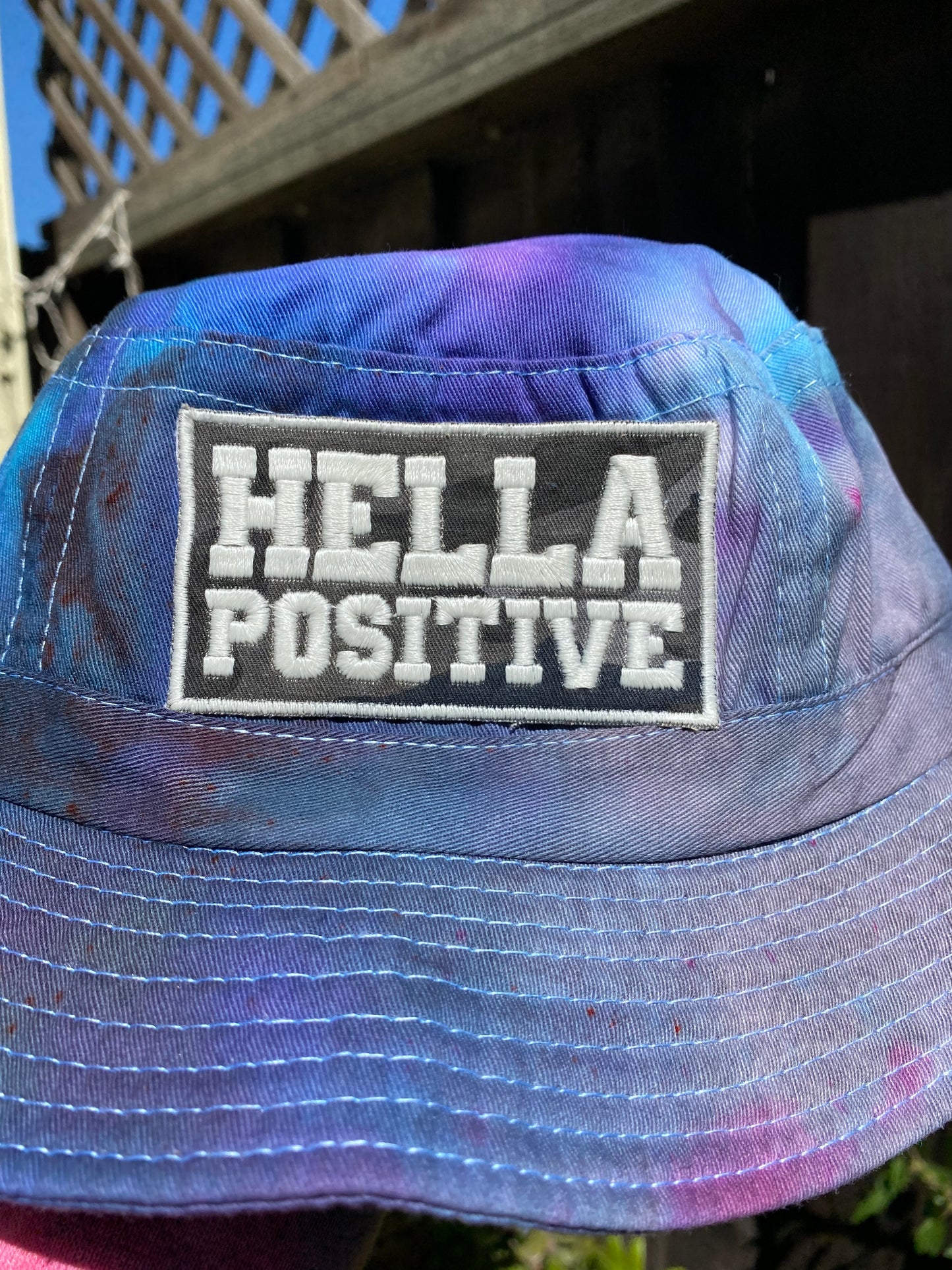 Hella Positive Tie Dye Bucket Hat with Glow in the Dark Camo print patch - Medium