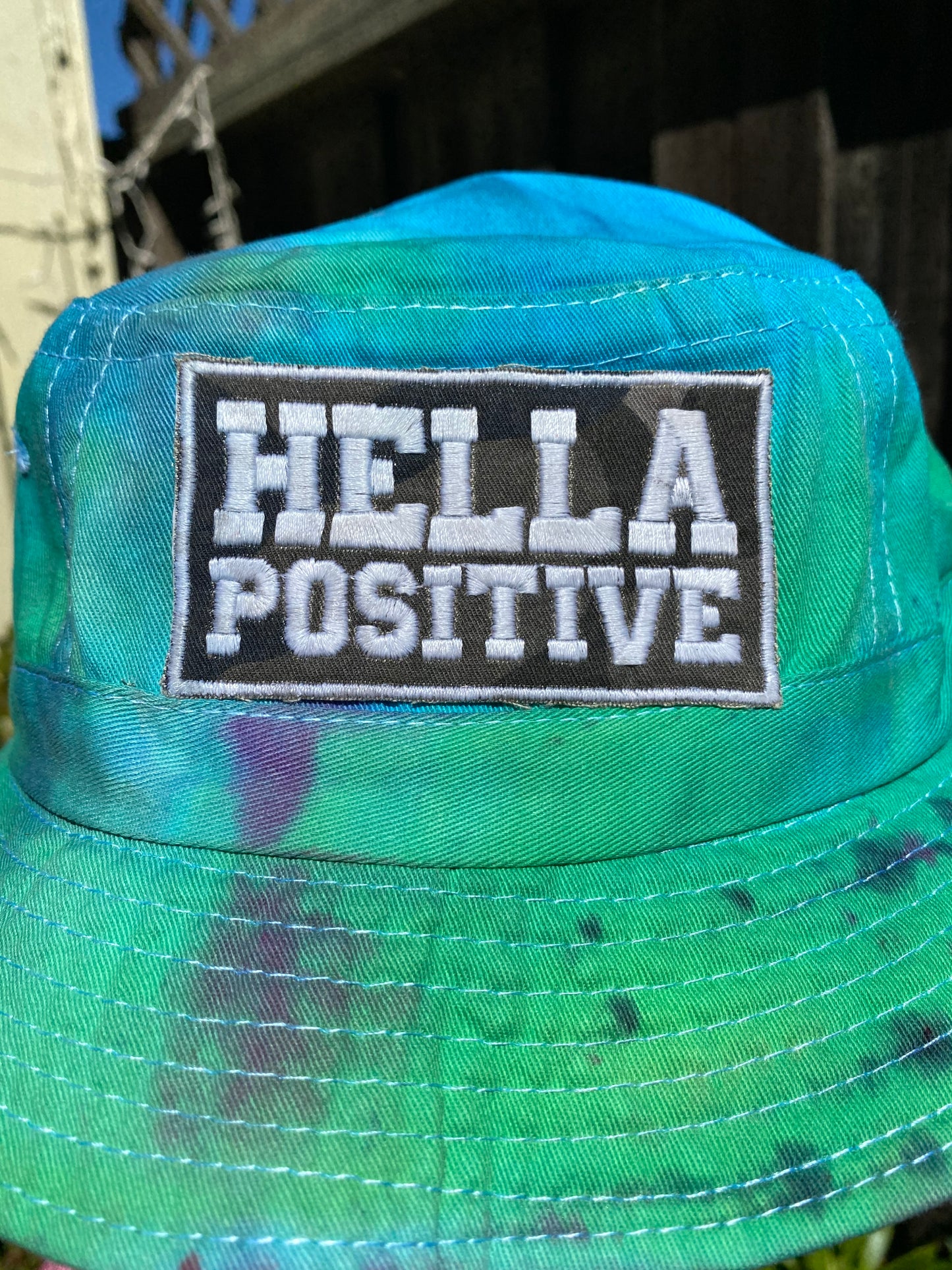 Hella Positive Tie Dye Bucket Hat with Glow in the Dark Camo print patch - Medium