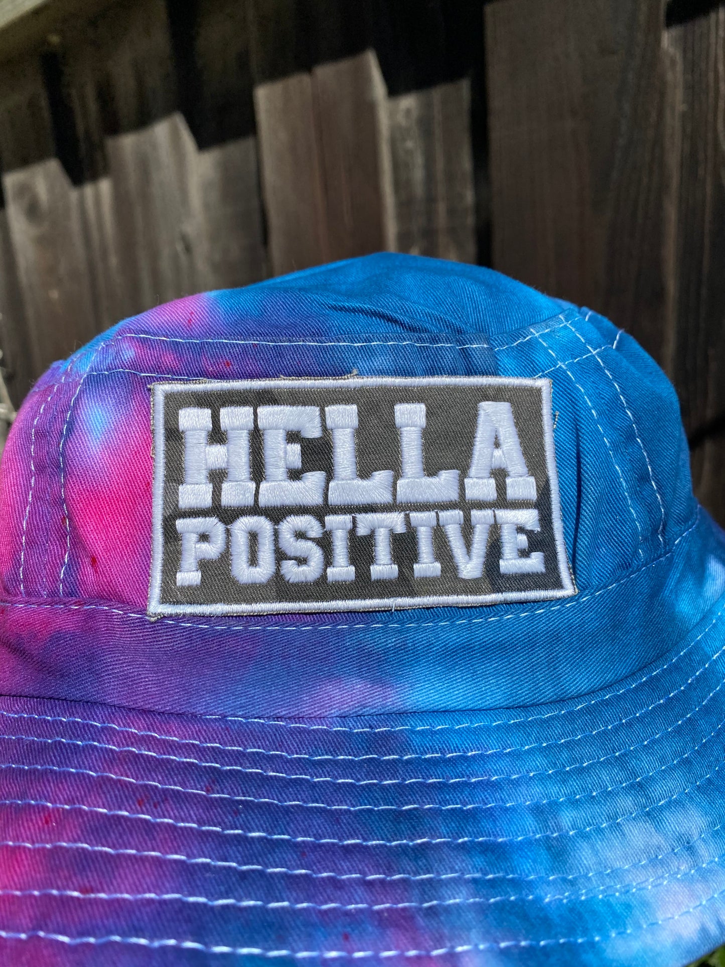 Hella Positive Tie Dye Bucket Hat with Glow in the Dark Camo print patch - Medium