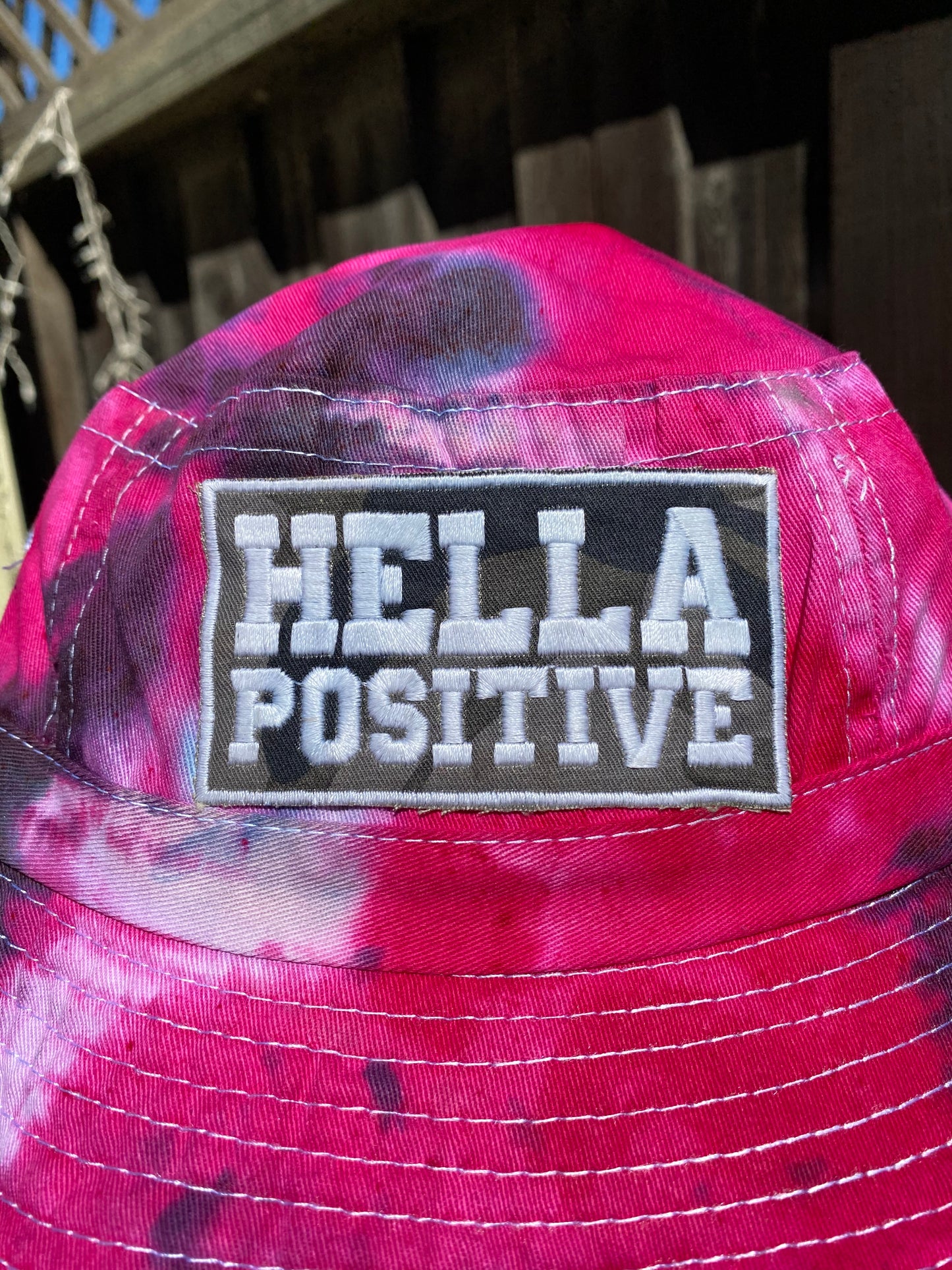 Hella Positive Tie Dye Bucket Hat with Glow in the Dark Camo print patch - Medium