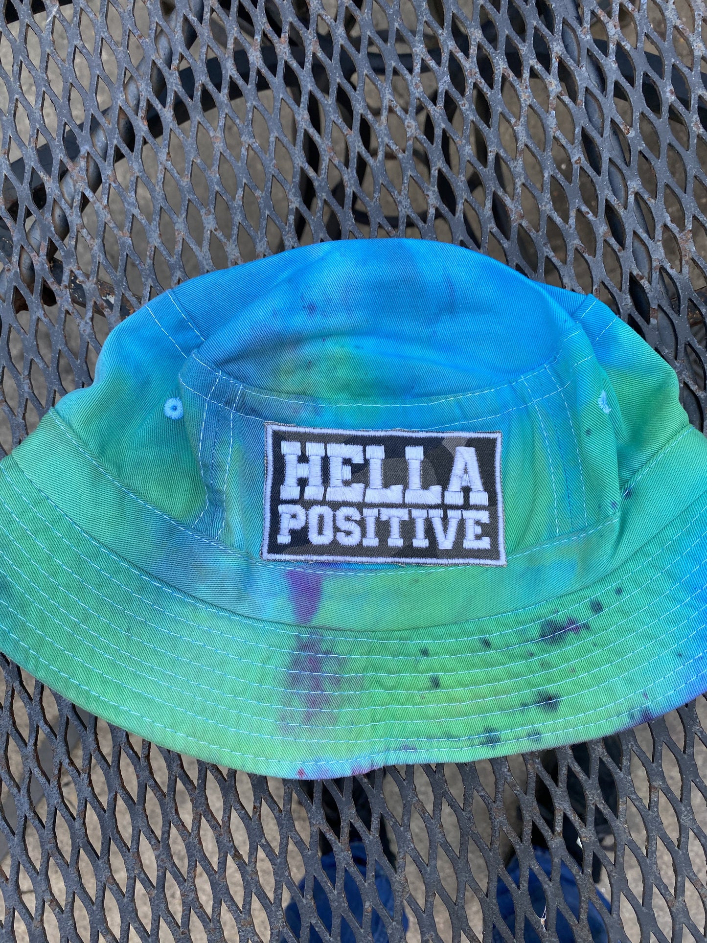 Hella Positive Tie Dye Bucket Hat with Glow in the Dark Camo print patch - Medium