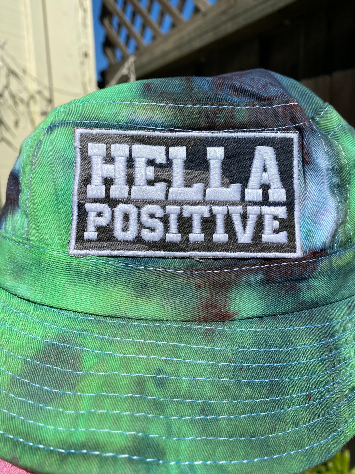 Hella Positive Tie Dye Bucket Hat with Glow in the Dark Camo print patch - Medium