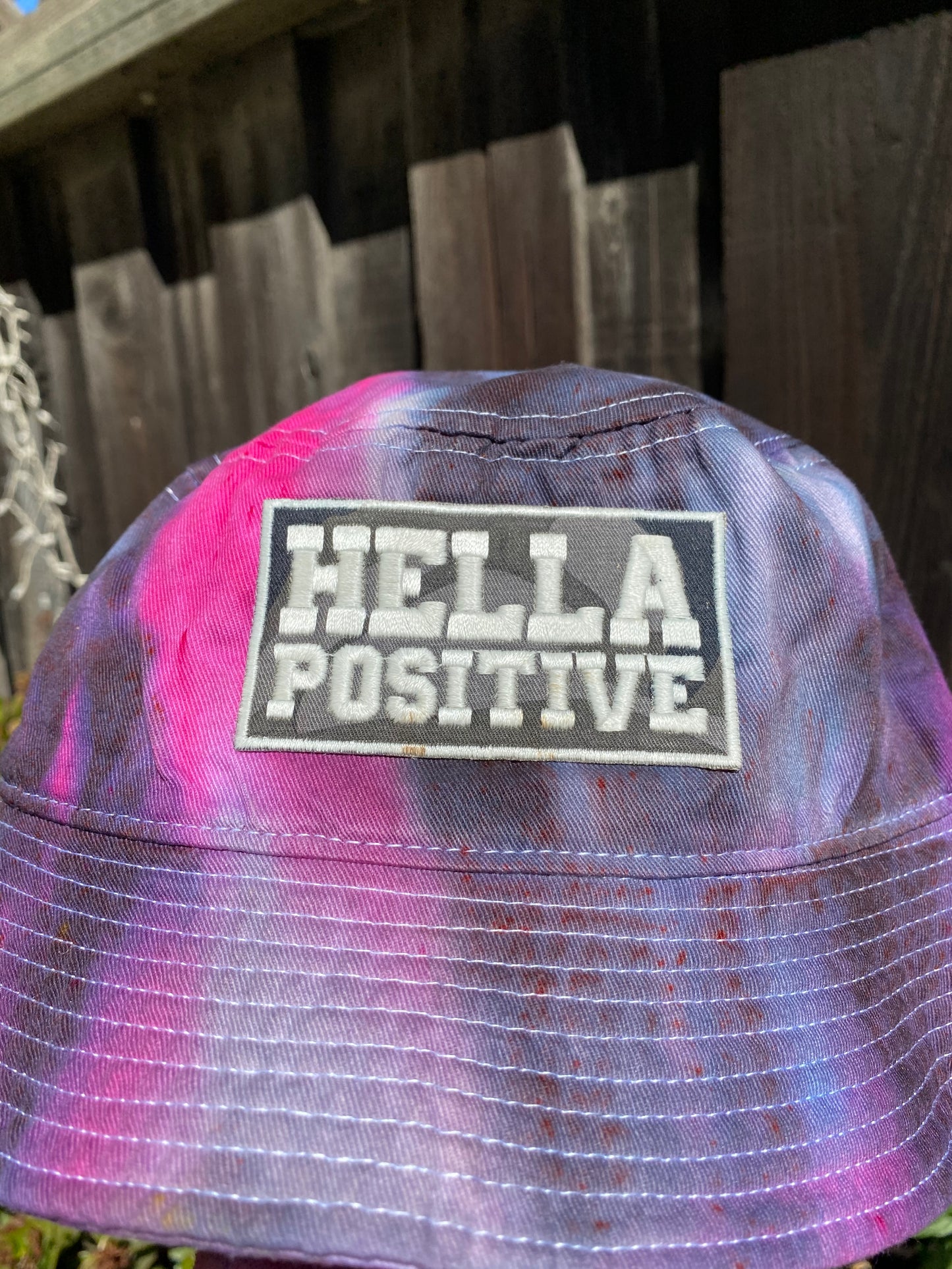 Hella Positive Tie Dye Bucket Hat with Glow in the Dark Camo print patch - Large