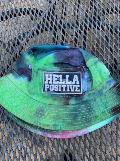 Hella Positive Tie Dye Bucket Hat with Glow in the Dark Camo print patch - Medium